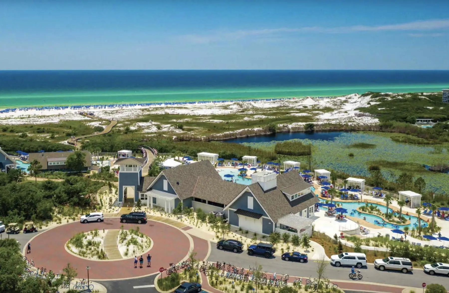 WaterSound Beach Club clubhouse and pool terrace overlooking the Gulf.